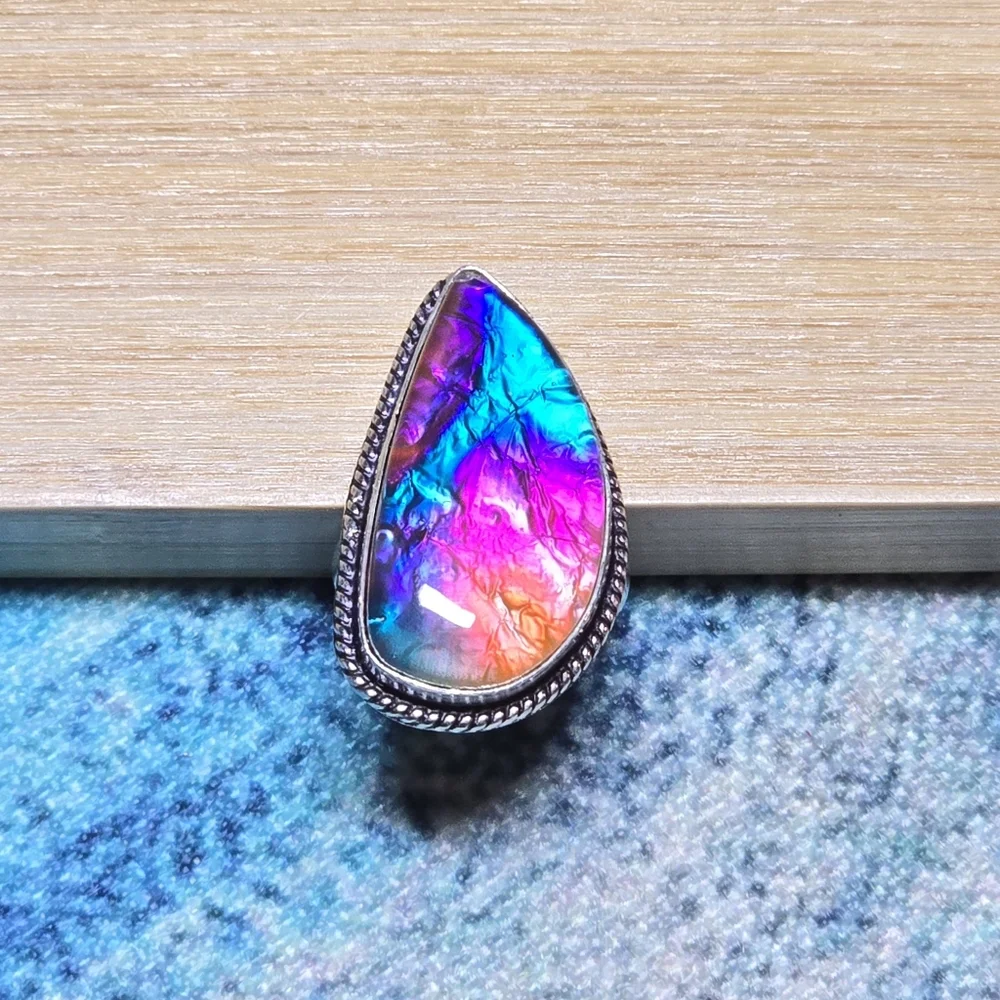 ❌SOLD❌️Dichroic Glass Art Ring Size 7.5 Hand Crafted 925 Sterling Silver Overlay - Picture 4 of 9